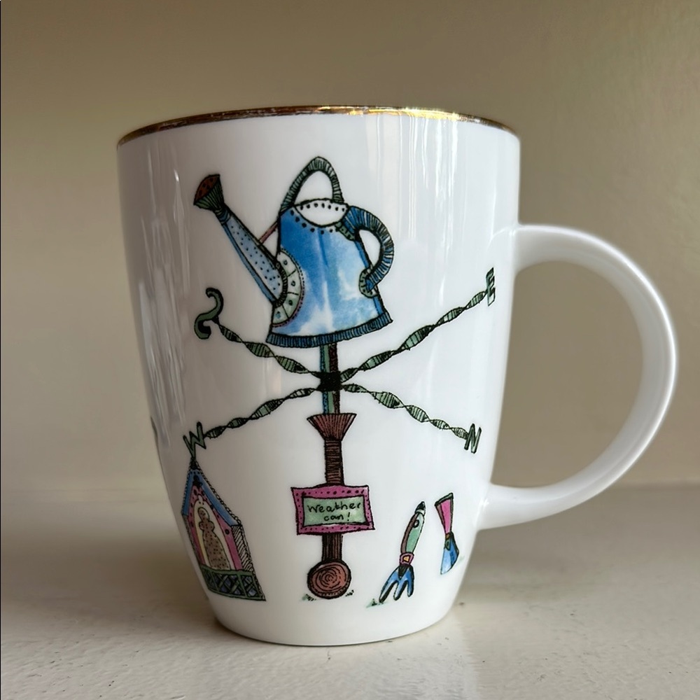 White and Blue Bone China Teacup with Whimsical Garden Design